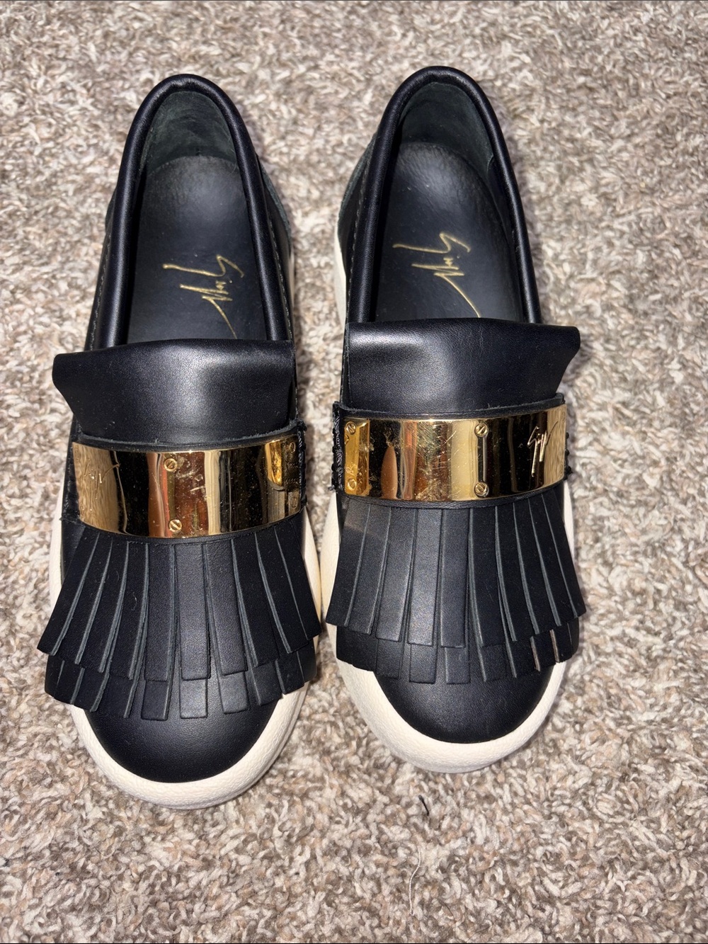 Giuseppe Zanotti Black Leather Fringe Slip-On Sneakers with Gold Plate